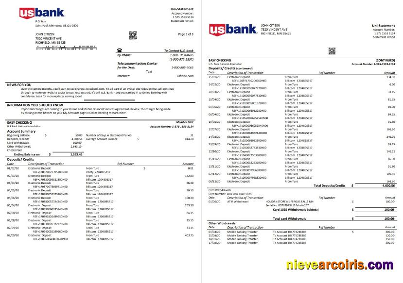 USA U.S. bank statement 3 pages